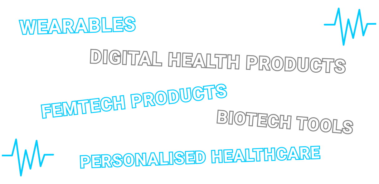 Illustrated words: wearables, digital health products, femtech products, biotech tools, personalised healthcare Illustrated words: wearables, digital health products, femtech products, biotech tools, personalised healthcare